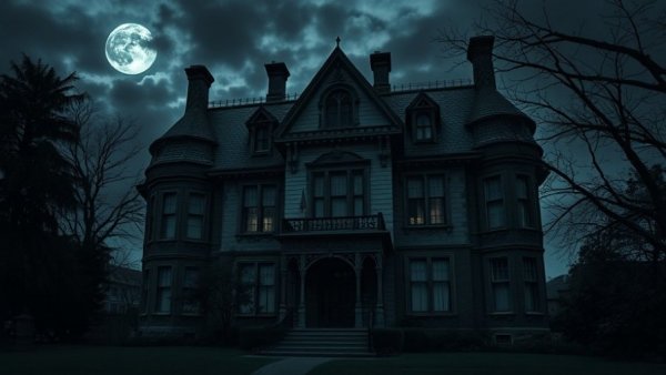 Eerie facade of White Hill Mansion at night for Paranormal Expo.