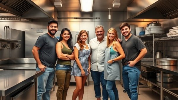 Group in industrial kitchen posing casually, Foo Fighters concert in New Jersey.