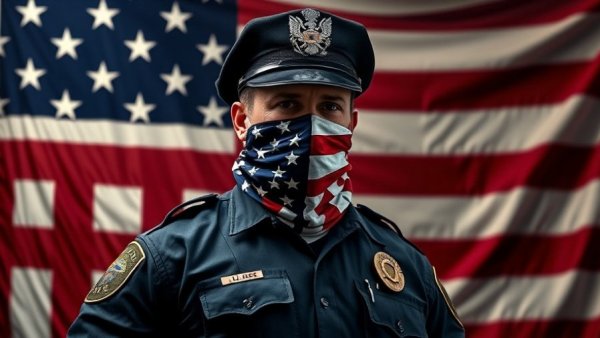 Law enforcement officer in a mask with an American flag in the background.
