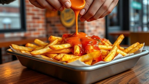 Loaded fries with sauce at New Jersey restaurant opening.