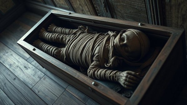 Mysterious mummy in a wooden coffin in New Jersey theater.