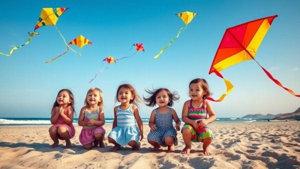Children on a NJ beach flying kites under a clear blue sky.