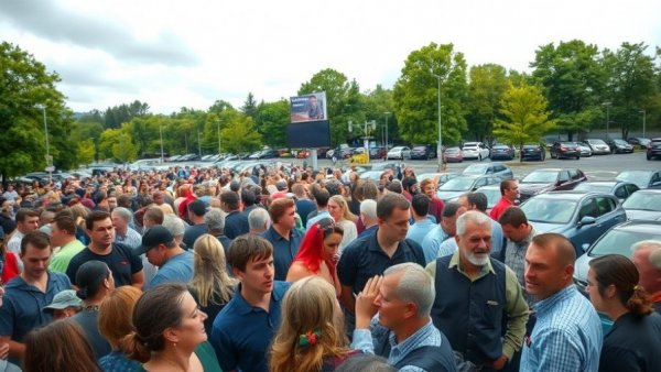 Crowd waiting in line for Foo Fighters NJ concert tickets on a cloudy day.