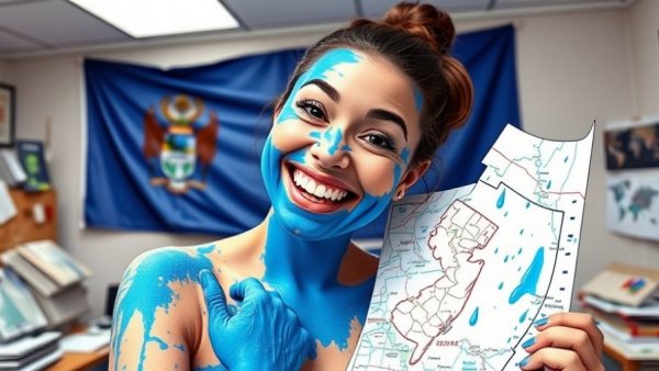 Cartoon woman with blue paint in NJ office highlighting affordability.