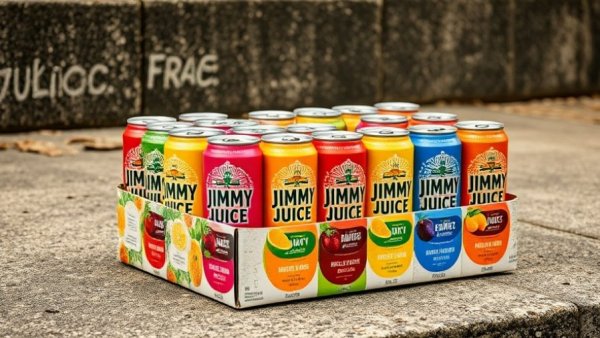 Various Jimmy Juice canned cocktails on concrete background.