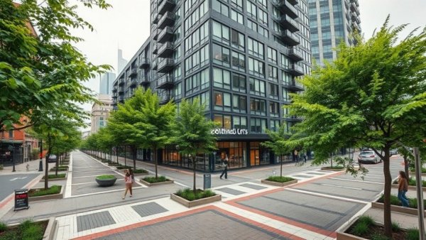Hoboken Southend Lofts building with trees and patterned paths.