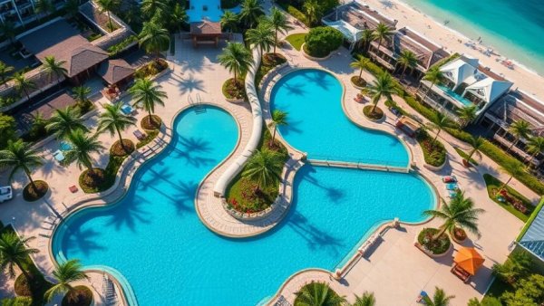 Aerial view of a vibrant resort, perfect for family vacations.