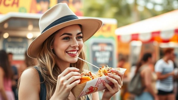Young woman at NJ food truck festival enjoying food.