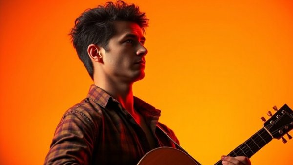 Musician holding guitar against warm orange backdrop.