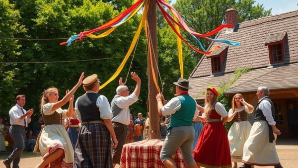 Pinkster Spring Festival New Jersey maypole dance in historical attire on sunny lawn.