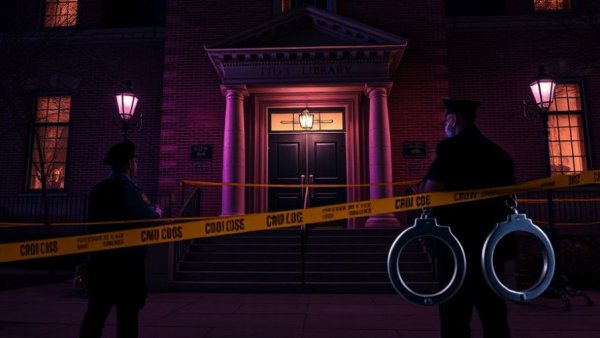 Police investigation at Freehold Library shooting scene at night.