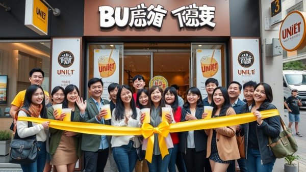 Opening celebration at Uni Uni Bubble Tea Jersey City storefront.