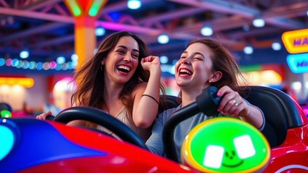 Joyful family enjoying bumper cars at New Jersey events.