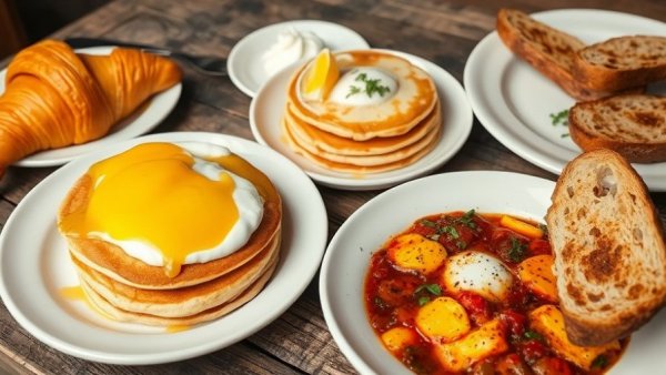 Rustic brunch spread with croissant, pancakes, and shakshuka at NJ restaurant openings.