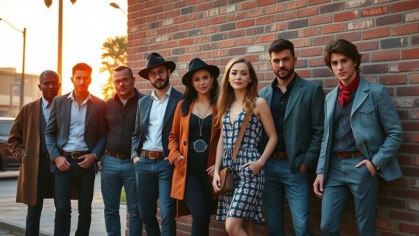 Stylish group in vintage outfits under sunset near a New Jersey concert venue.