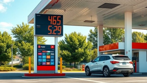 NJ gas prices displayed on station sign with cars nearby.