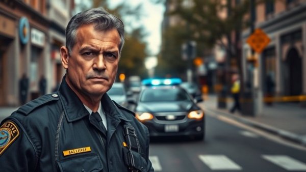 Law enforcement officer standing in urban street scene, serious and alert.