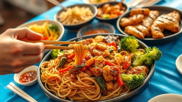 Colorful Hong Kong BBQ meal on blue tablecloth in Paramus