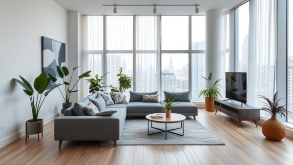 Light-filled modern living room with gray sectional in Gulls Cove condo.