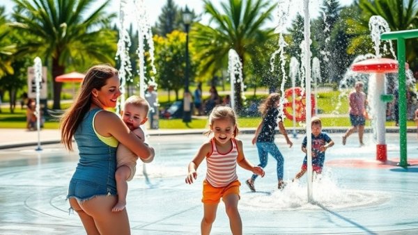 Kids at splash pad in New Jersey with colorful water features.
