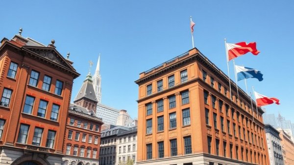 Classic brick building with flags in New Jersey, job opportunities scene.