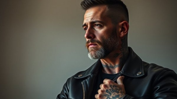 Tattooed man adjusts leather jacket with intense expression