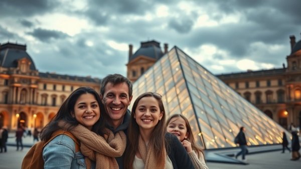 Family enjoying a night at the Louvre Pyramid - things to do in Paris with kids.