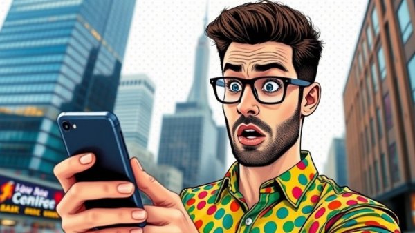 Comic-style man with smartphone in city for New Jersey Stage.