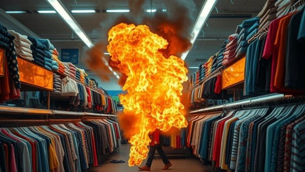 Chaos and fire in Walmart clothing section during theft scheme.