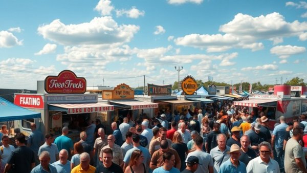 Food truck festivals NJ vibrant scene with crowd on a sunny day.