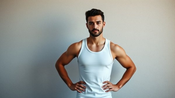 Confident man in tank top posing against a plain wall.