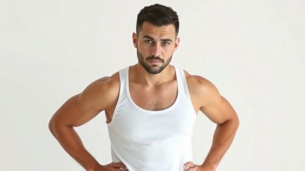 Confident man in a white tank top with hands on hips against a plain background.