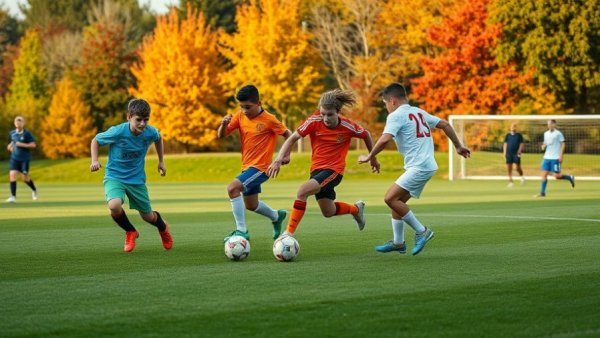 Young soccer players on a field during a vibrant match, bright day.