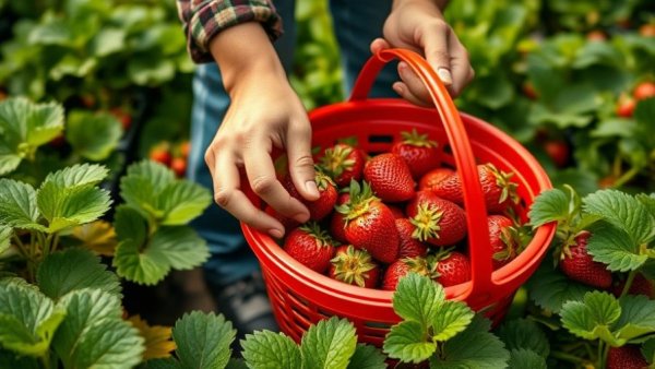 Person harvesting strawberries at a New Jersey event with a red basket.