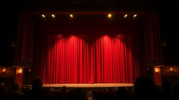 Dimly lit theater stage at New Jersey arts event with red lighting.