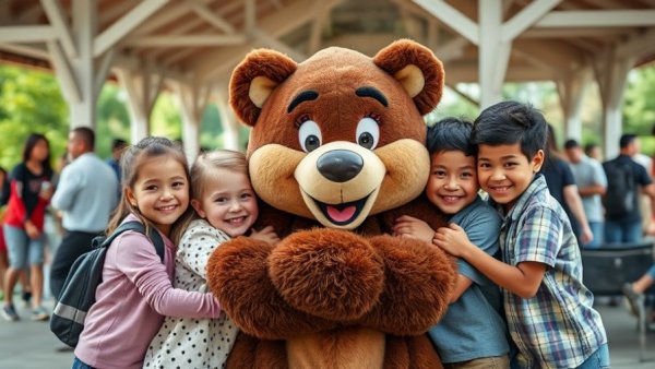 Kids hugging bear mascot at NJ event, fun activities for children.