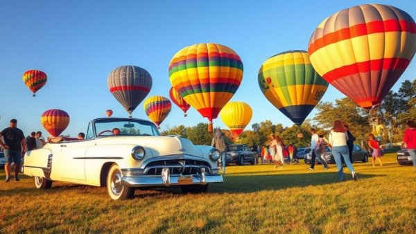 Warren County Hot Air Balloons Festival with vintage car and balloons.