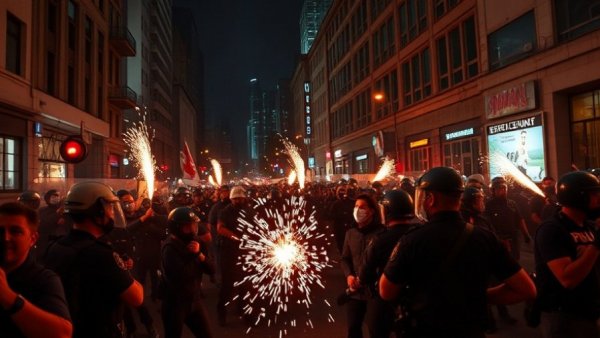 Delaney Hall protests: intense night scene with sparks and riot police.