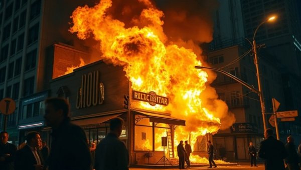Wally's Restaurant Fire in Surf City ablaze at night.