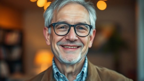 Elderly man in glasses smiling confidently in a warm indoor setting.
