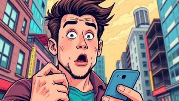 Colorful comic-style man holding a phone in a cityscape, New Jersey Stage.