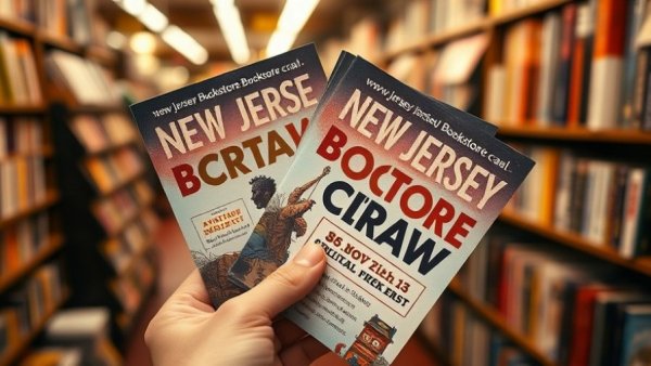 Brochures for New Jersey Bookstore Crawl with blurred bookstore background.