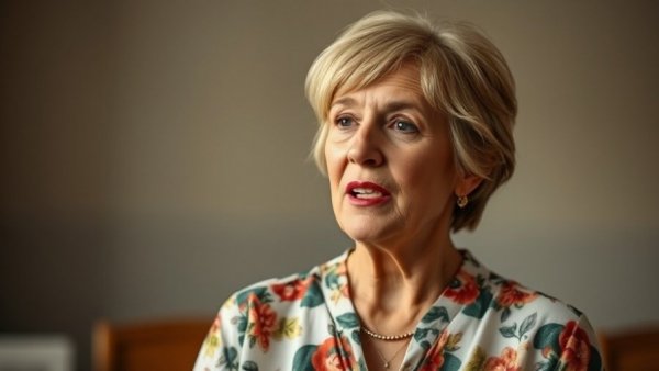 Mature woman speaking in a softly lit room, films about women older than 60.