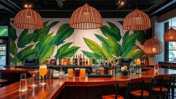 Jersey City restaurant reopening with chic tropical bar setup.