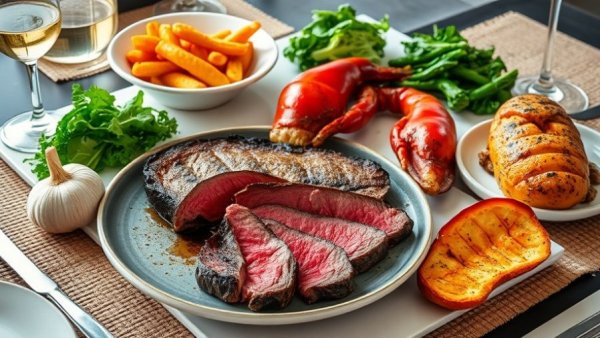 Dinner spread with NJ dry-aged steaks, lobster, and sides.