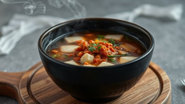 Moobongri is Coming Soon: Traditional Korean soup in ceramic bowl.