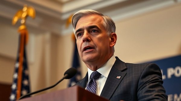 Middle-aged man speaking at podium with flags in background