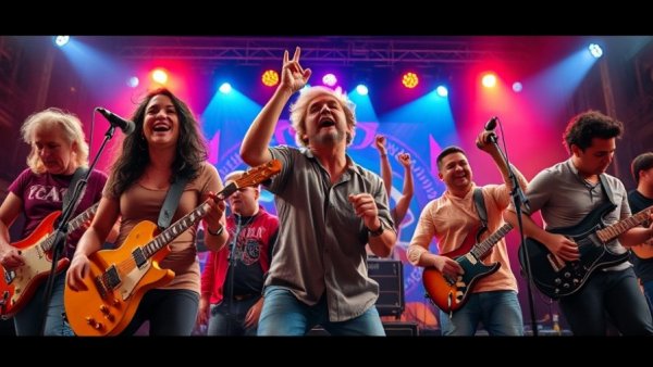 Dynamic concert scene capturing musicians in vibrant performance.