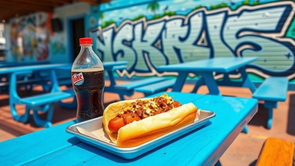 Hot dog restaurant Margate outdoor scene with gourmet meal on a sunny day.