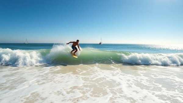 NJ beach weather and waves with surfer and boats